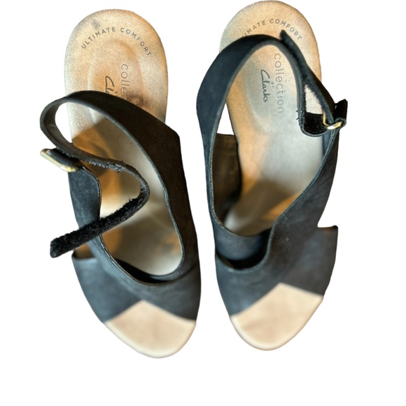 Clarks Annadel Eirwyn Black Leather Wedge Sandals sz 8 1/2 - Picture 2 of 9